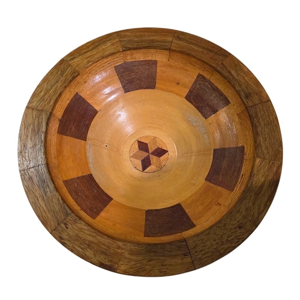 Vtg Primitive Folk Art Inlay Wood Bowl Star Farmhouse Decor Fruit